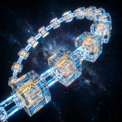 Blockchain technology with glowing data streams and internal circuits